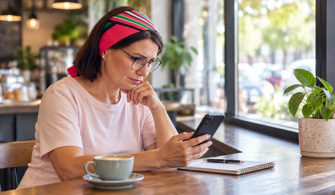 A woman with glasses and a colorful headscarf stops to consider a suspicious money request on her smartphone.
