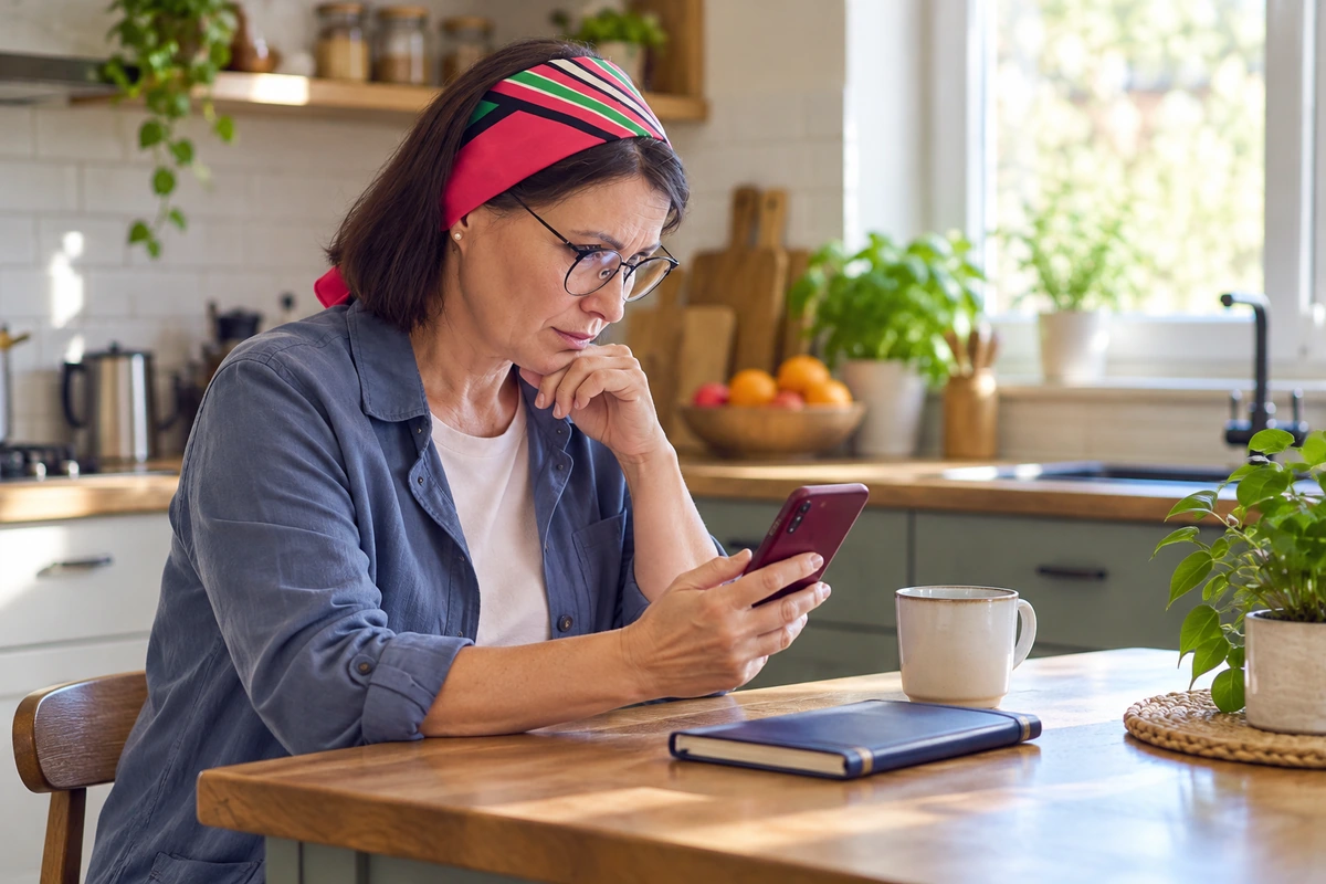 Woman reviewing a message on a burgundy phone at a kitchen table