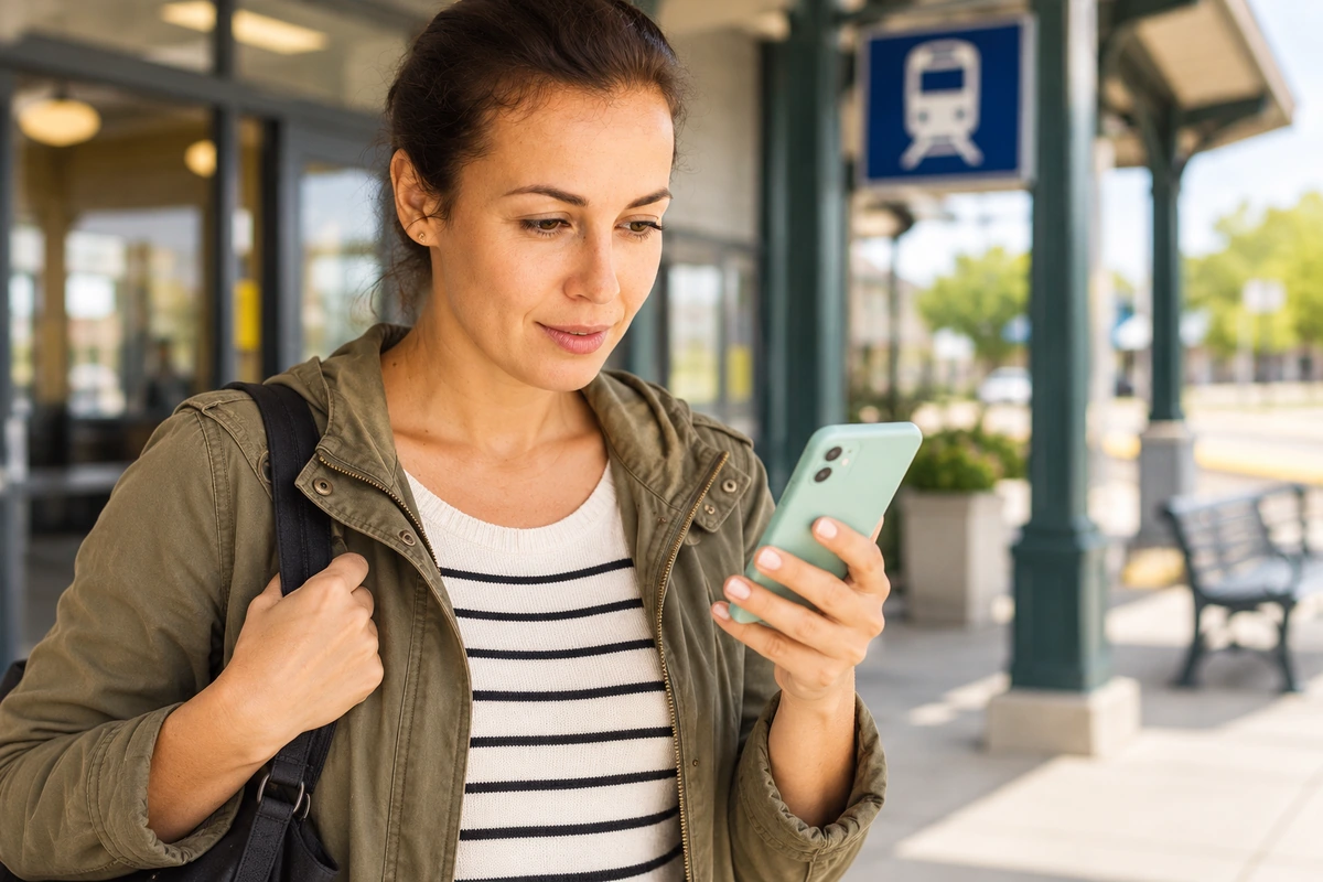 A woman checks her phone outside a staffed transit station in daylight.