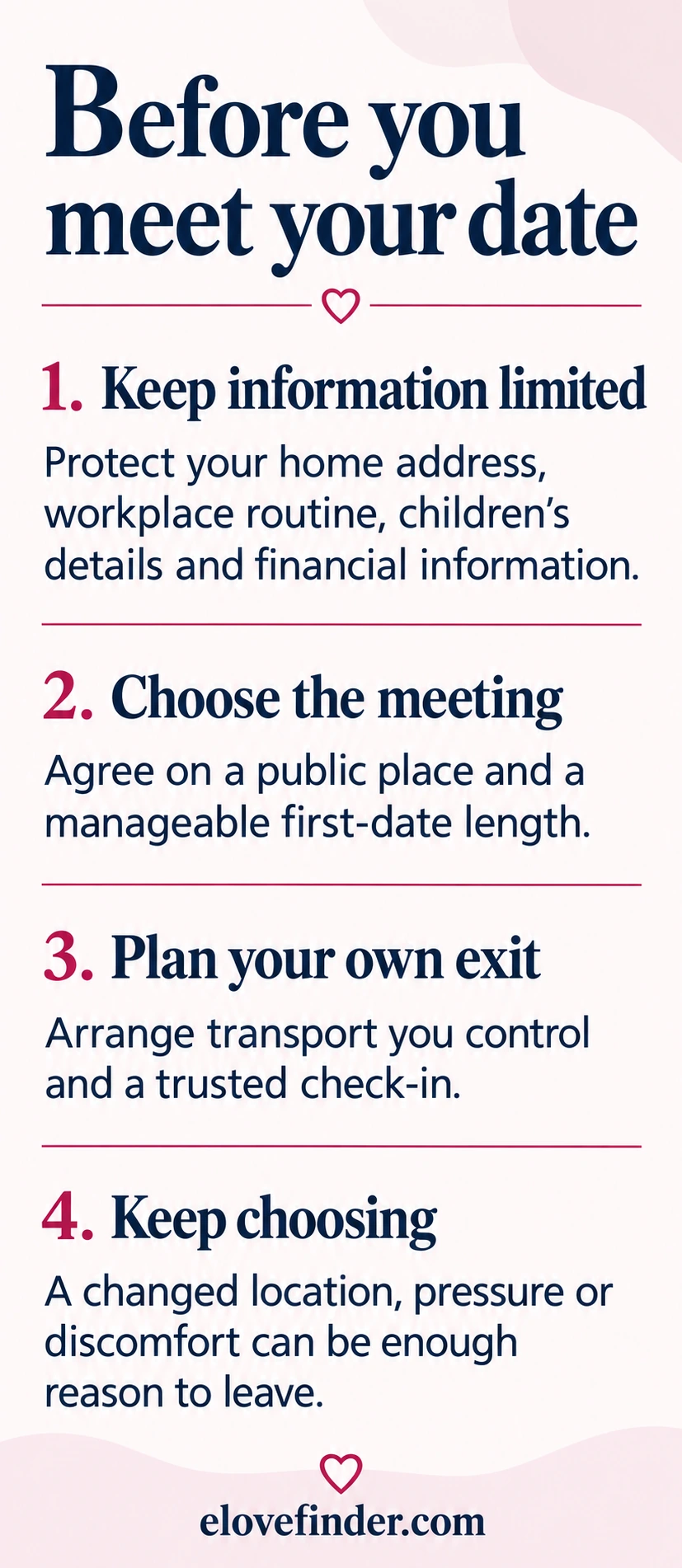 Before you meet your date: Keep information limited, Choose the meeting, Plan your own exit, Keep choosing.